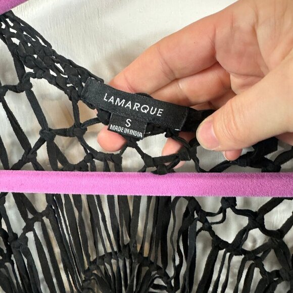 LAMARQUE Black Macramé Fringe Duster | Boho Open-Knit Long Cardigan | Size S - Picture 6 of 7